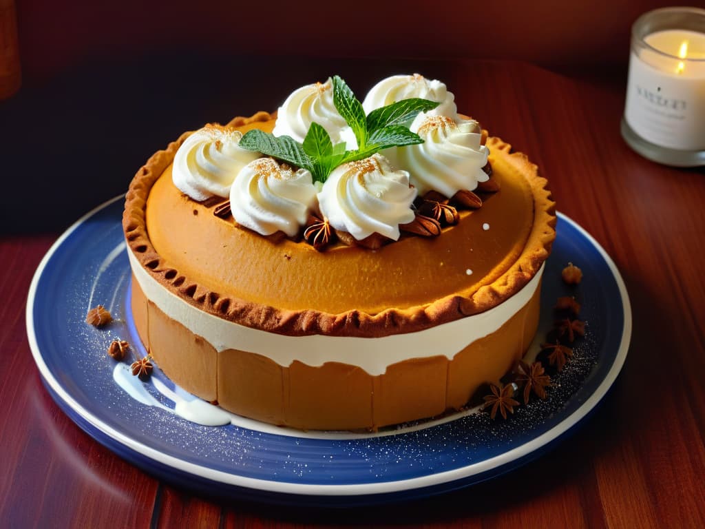  A highresolution, ultradetailed image of a beautifully plated sweet potato pie, showcasing intricate layers of spiced sweet potato filling, topped with a dollop of whipped cream, sprinkled with cinnamon, and garnished with fresh mint leaves on a sleek, modern ceramic plate set against a dark backdrop. The pie exudes warmth and comfort, with a perfect goldenbrown crust that invites the viewer to indulge in its rich, traditional flavors. hyperrealistic, full body, detailed clothing, highly detailed, cinematic lighting, stunningly beautiful, intricate, sharp focus, f/1. 8, 85mm, (centered image composition), (professionally color graded), ((bright soft diffused light)), volumetric fog, trending on instagram, trending on tumblr, HDR 4K, 8K