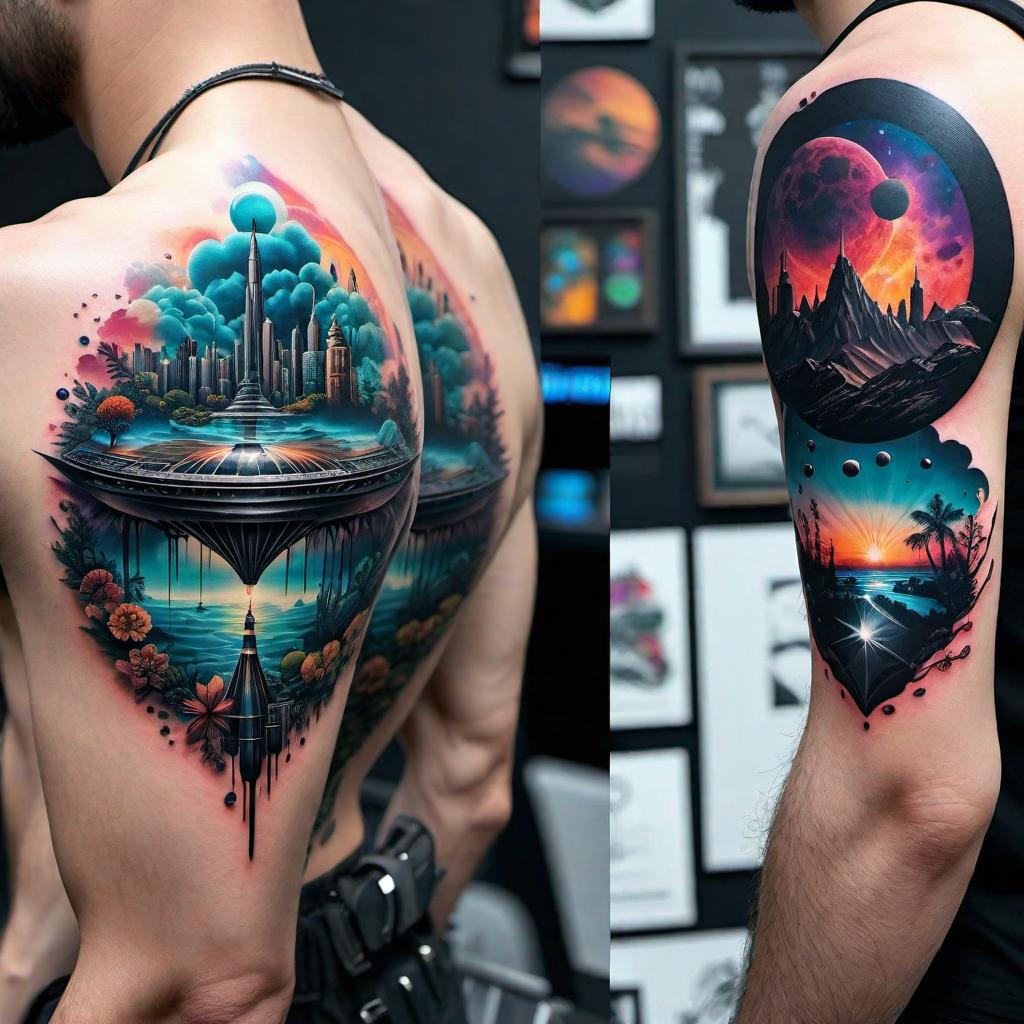  in a Candyland style, Create a visually striking tattoo design that seamlessly blends elements of nature and technology, invoking a sense of epic realism and futuristic beauty.