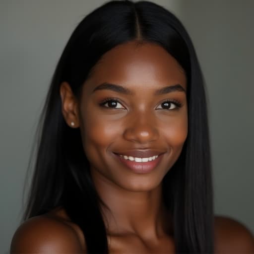  upper body, (facing the camera directly), beautiful (21yo) african american black woman with straight hair, smiling slightly