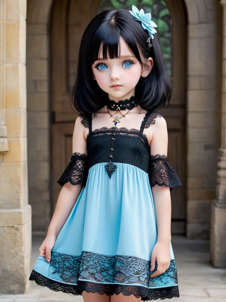  goth girl, child, black hair shoulder length, choker, pretty, cute, full body, happy, light blue eyes, black lace dress, wide nose