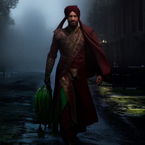 redshift style A man wearing a green dress and a green turban Arabic features hyperrealistic, full body, detailed clothing, highly detailed, cinematic lighting, stunningly beautiful, intricate, sharp focus, f/1. 8, 85mm, (centered image composition), (professionally color graded), ((bright soft diffused light)), volumetric fog, trending on instagram, trending on tumblr, HDR 4K, 8K