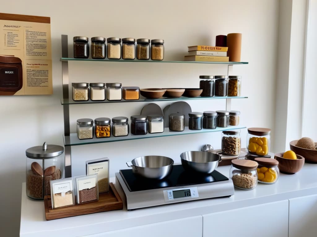  A minimalist kitchen counter with a marble surface featuring an array of highquality baking ingredients neatly organized in glass jars and metal containers. A sleek digital scale, a stack of cookbooks, and a wooden rolling pin complete the scene, exuding an air of precision and culinary expertise. hyperrealistic, full body, detailed clothing, highly detailed, cinematic lighting, stunningly beautiful, intricate, sharp focus, f/1. 8, 85mm, (centered image composition), (professionally color graded), ((bright soft diffused light)), volumetric fog, trending on instagram, trending on tumblr, HDR 4K, 8K