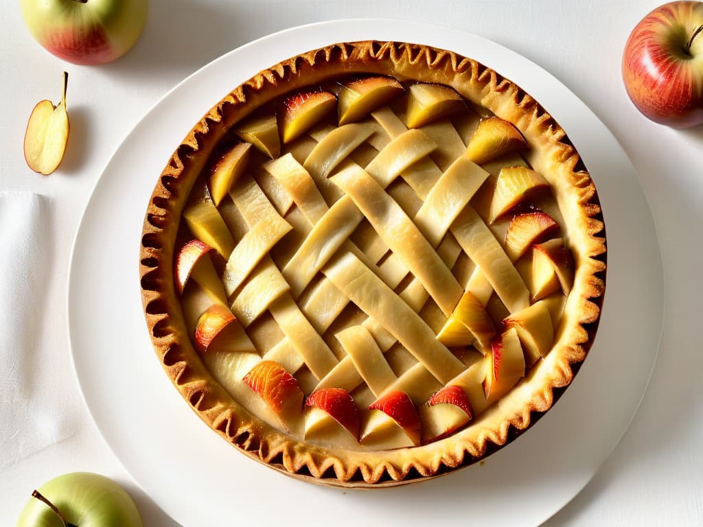  A sleek, minimalistic image of a traditional apple pie with a modern twist, featuring a perfectly golden crust intricately woven in a geometric pattern, topped with thinly sliced apples arranged in a contemporary design, all set on a clean, white plate against a simple, elegant background. hyperrealistic, full body, detailed clothing, highly detailed, cinematic lighting, stunningly beautiful, intricate, sharp focus, f/1. 8, 85mm, (centered image composition), (professionally color graded), ((bright soft diffused light)), volumetric fog, trending on instagram, trending on tumblr, HDR 4K, 8K