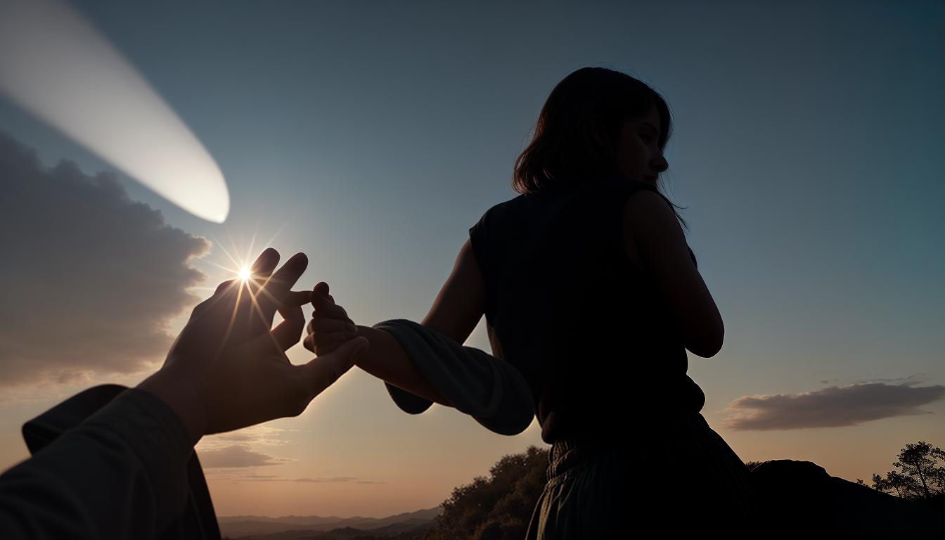  cinematic, aesthetic, A person extending a helping hand to another figure, both figures depicted simply, the gesture clear as selfless aid, gentle touch, supportive, background with soft warm colors, 4k, HDR, lens flare