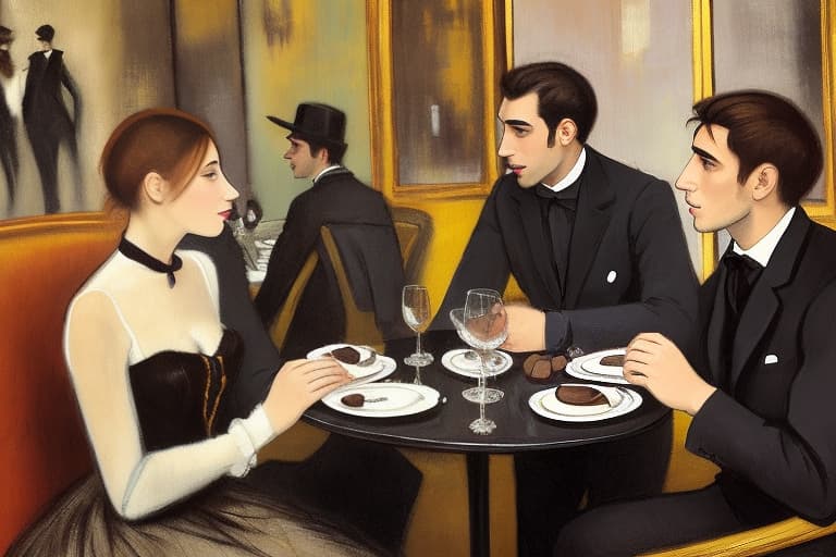  Attractive Beautiful young modern Parisian couple dressed in modern designer attire looking at each other. Foreground is plates of fine dark chocolates. Background is an exclusive Parisian restaurant . Painting style of Edgar Degas