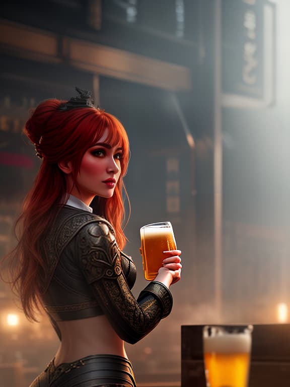  Girl with beer. hyperrealistic, full body, detailed clothing, highly detailed, cinematic lighting, stunningly beautiful, intricate, sharp focus, f/1. 8, 85mm, (centered image composition), (professionally color graded), ((bright soft diffused light)), volumetric fog, trending on instagram, trending on tumblr, HDR 4K, 8K