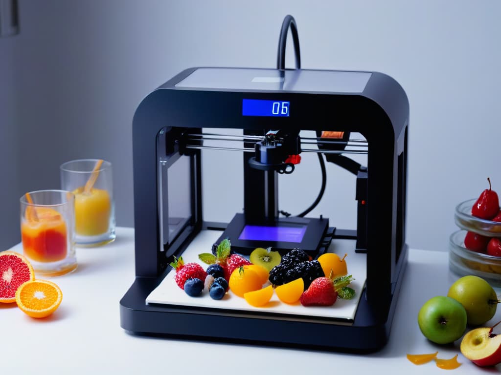  An ultradetailed 8k image of a futuristic 3D printer creating a delicate and intricate dessert that is completely allergenfree. The dessert is adorned with colorful fruit toppings and surrounded by a sleek, modern kitchen setting. The 3D printer is precisely layering each component of the dessert with precision and accuracy, showcasing the innovative technology used to create safe and delicious treats for those with allergies. hyperrealistic, full body, detailed clothing, highly detailed, cinematic lighting, stunningly beautiful, intricate, sharp focus, f/1. 8, 85mm, (centered image composition), (professionally color graded), ((bright soft diffused light)), volumetric fog, trending on instagram, trending on tumblr, HDR 4K, 8K