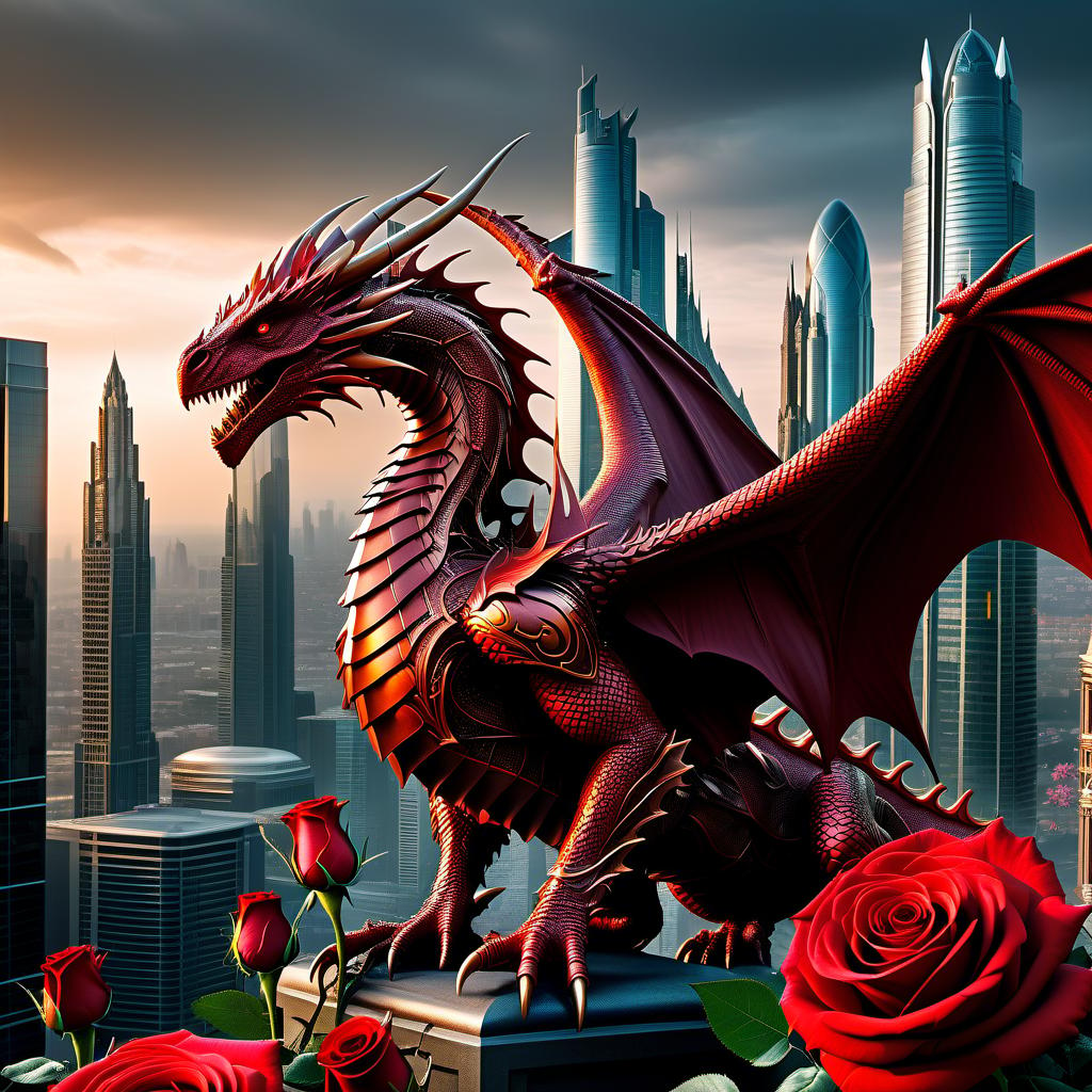  metropolis themed This dragon may look scary, but he has a good heart. Accompanied by a devoted phoenix, roses bloom wherever he is. . urban, cityscape, skyscrapers, modern, futuristic, highly detailed hyperrealistic, full body, detailed clothing, highly detailed, cinematic lighting, stunningly beautiful, intricate, sharp focus, f/1. 8, 85mm, (centered image composition), (professionally color graded), ((bright soft diffused light)), volumetric fog, trending on instagram, trending on tumblr, HDR 4K, 8K