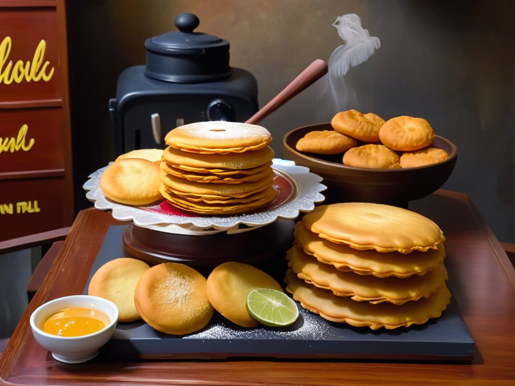  An ultradetailed image of a traditional Venezuelan kitchen, featuring a rustic wooden table adorned with a variety of buñuelos in different shapes and sizes. The buñuelos are elegantly arranged on handmade ceramic plates, showcasing the rich diversity of this beloved Latin American treat. The soft, natural lighting highlights the textures and colors of the buñuelos, inviting the viewer to savor the delicious flavors and cultural significance of this iconic dish. hyperrealistic, full body, detailed clothing, highly detailed, cinematic lighting, stunningly beautiful, intricate, sharp focus, f/1. 8, 85mm, (centered image composition), (professionally color graded), ((bright soft diffused light)), volumetric fog, trending on instagram, trending on tumblr, HDR 4K, 8K