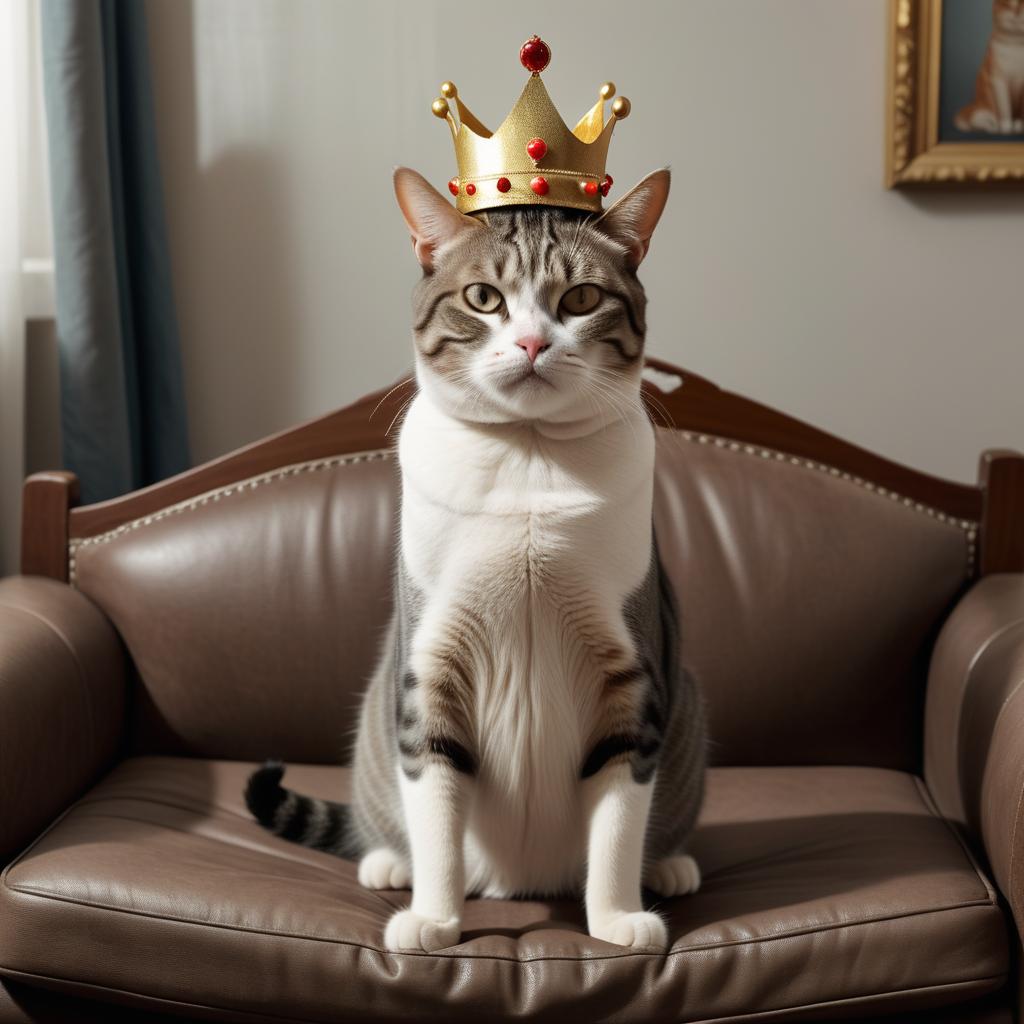 "a man with a bag of food for animals is standing in the center of the room" : "a cat is sitting on the sofa with a crown on his head" , photographic quality, 8 K.