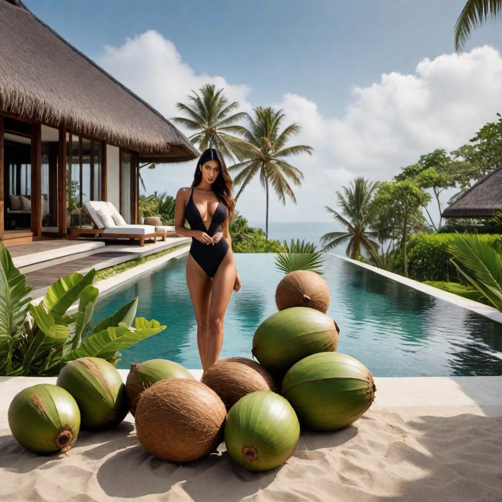  Create a picture of a beautiful villa in Bali on the beach with 3 women and 1 man drinking out of coconuts. hyperrealistic, full body, detailed clothing, highly detailed, cinematic lighting, stunningly beautiful, intricate, sharp focus, f/1. 8, 85mm, (centered image composition), (professionally color graded), ((bright soft diffused light)), volumetric fog, trending on instagram, trending on tumblr, HDR 4K, 8K