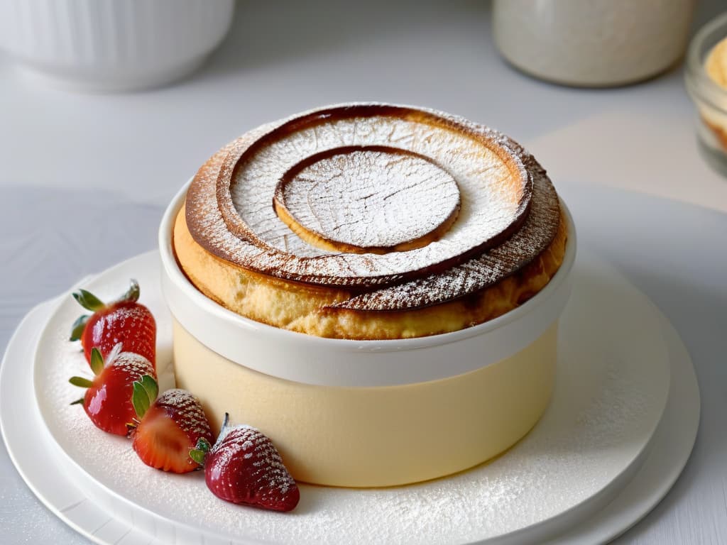  An ultradetailed image of a perfectly risen, goldenbrown soufflé placed in a white ramekin, showcasing its fluffy and airy texture. The soufflé is delicately decorated with a sprinkle of powdered sugar on top, and a few fresh berries on the side for an elegant touch. The lighting is soft, emphasizing the lightness and height of the soufflé, while the minimalist composition highlights the simplicity and beauty of this classic French dish. hyperrealistic, full body, detailed clothing, highly detailed, cinematic lighting, stunningly beautiful, intricate, sharp focus, f/1. 8, 85mm, (centered image composition), (professionally color graded), ((bright soft diffused light)), volumetric fog, trending on instagram, trending on tumblr, HDR 4K, 8K