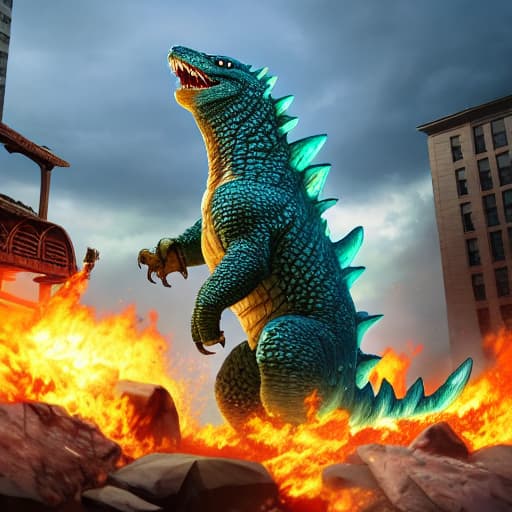  Brawl star godzilla hyperrealistic, full body, detailed clothing, highly detailed, cinematic lighting, stunningly beautiful, intricate, sharp focus, f/1. 8, 85mm, (centered image composition), (professionally color graded), ((bright soft diffused light)), volumetric fog, trending on instagram, trending on tumblr, HDR 4K, 8K