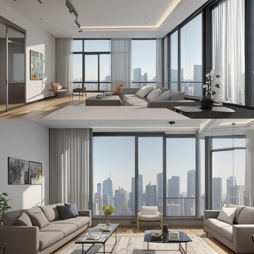  masterpiece, best quality, Best Quality, Masterpiece, 8k resolution,high resolution concept art of an apartment living room with floor to ceiling windows and modern furniture