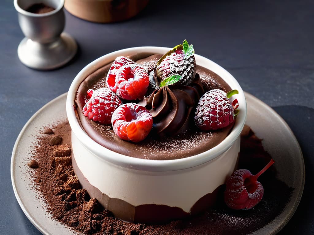  A closeup, highresolution image of a decadent chocolate mousse with a silky smooth texture, topped with fresh raspberries and a sprinkle of dark cocoa powder. The mousse is elegantly presented in a simple white ceramic ramekin, set against a clean, minimalist background to emphasize the rich colors and indulgent appeal of the dessert. hyperrealistic, full body, detailed clothing, highly detailed, cinematic lighting, stunningly beautiful, intricate, sharp focus, f/1. 8, 85mm, (centered image composition), (professionally color graded), ((bright soft diffused light)), volumetric fog, trending on instagram, trending on tumblr, HDR 4K, 8K