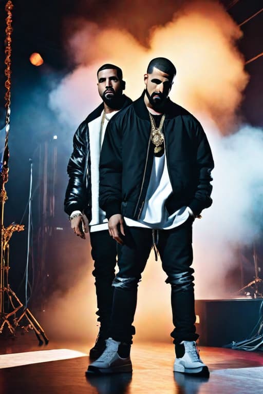  Drake and Kanye west making a song in a studio hyperrealistic, full body, detailed clothing, highly detailed, cinematic lighting, stunningly beautiful, intricate, sharp focus, f/1. 8, 85mm, (centered image composition), (professionally color graded), ((bright soft diffused light)), volumetric fog, trending on instagram, trending on tumblr, HDR 4K, 8K