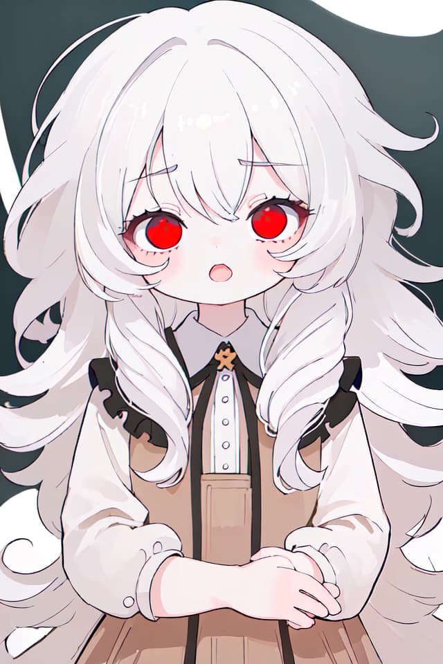  ultra detailed:1.2masterpiece:1.2,best quality,masterpiece,bestquality,hdr:1.1,8k:1.1,very cute girl:1.3,white hair:1.3,long hair,volume hair:0.5,curly hair:1.4,red eyes,bad mood:1.1,sleepy eyes:1.1,dot open mouth:1.3,upper body:1.3,dutch angle,half closed eyes:1.6,upper body:1.1