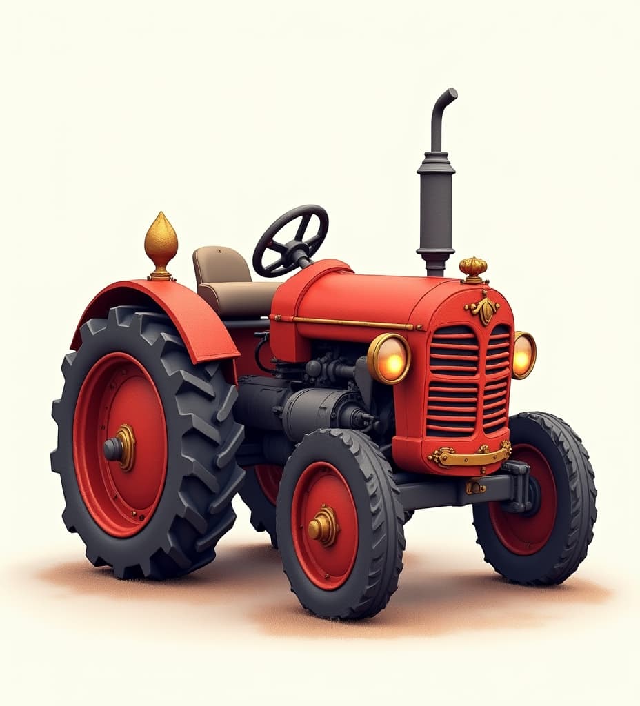  good quality, high quality, can you generate medieval tractor side view for a 2d hd vehicle cute and short. water color aesthetic , bright red color. water color style, generate medieval tractor but in stylized way, in front and side and back view, side view must be 90 degrees flip with symmetry and its the main view. this vehicle is for hd 2d game. as you know in hd games the characters are cute and short. tractor with ornament. ornaments: metal royal luxury vehicle. must and should (side , front , back views mandatory, highstress on these : high realism and details )