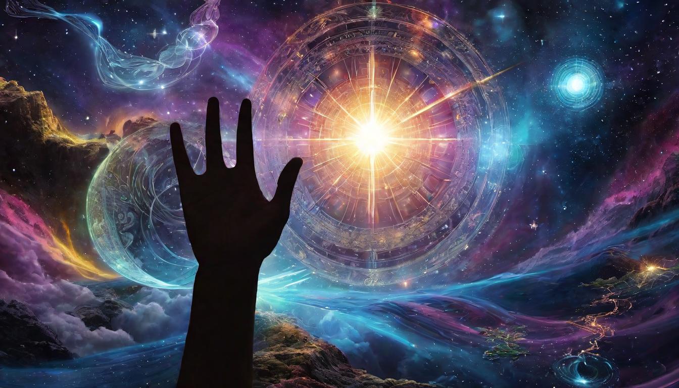  digital illustration, A person channeling light language, depicted as light flowing through and around them, symbols emerging from their hands and mouth, transformative energy, connection to the cosmos, personal growth., looking at viewer, dynamic pose, (intricate details, masterpiece, best quality)