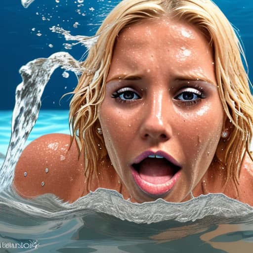  tanned blonde woman sinking and drowning in the water she's panic the water is up to her nose