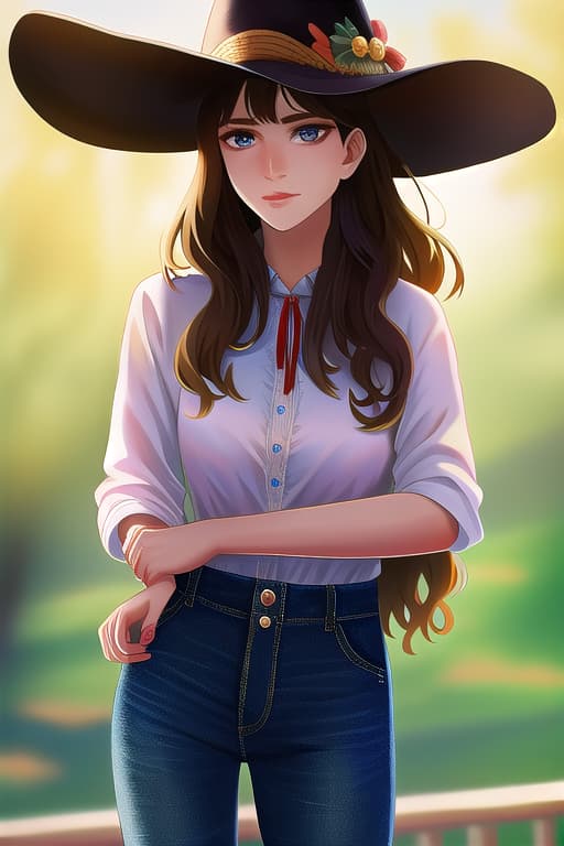  (:1.4), Cow , long wavy , wild west, cowboy hat, western town, jeans, masterpiece, (detailed face), (detailed clothes), f/1.4, ISO 200, 1/160s, 4K, unedited, symmetrical balance, in-frame, masterpiece, perfect lighting, (beautiful face), (detailed face), (detailed clothes), 1 , (woman), 4K, ultrarealistic, unedited, symmetrical balance, in-frame