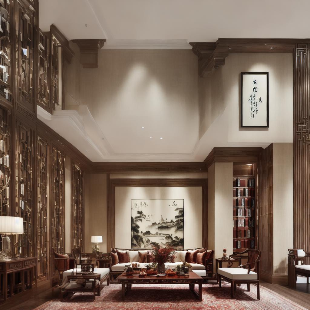  A photograph of a living room blending New Chinese style elements with a focus on reading and secondary use for hosting guests. The furniture combines Chinese mahogany with European styles, creating a classical and elegant interior atmosphere. Include bookshelves filled with an assortment of books, a comfortable reading nook with natural lighting, and subtle art pieces that enhance the cultural richness of the space. Created Using: High resolution, natural lighting, detailed texture on wood and fabric, elegant, classical, cultural richness, harmonious color palette hyperrealistic, full body, detailed clothing, highly detailed, cinematic lighting, stunningly beautiful, intricate, sharp focus, f/1. 8, 85mm, (centered image composition), (professionally color graded), ((bright soft diffused light)), volumetric fog, trending on instagram, trending on tumblr, HDR 4K, 8K