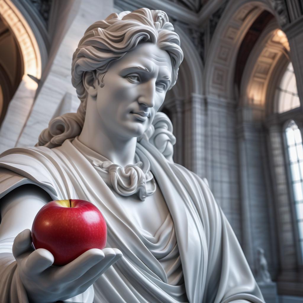  Digital image. Close up. (Marble statue of Paris. Holds out a red apple in the palm of her hand. Background: art gallery. hyperrealistic, full body, detailed clothing, highly detailed, cinematic lighting, stunningly beautiful, intricate, sharp focus, f/1. 8, 85mm, (centered image composition), (professionally color graded), ((bright soft diffused light)), volumetric fog, trending on instagram, trending on tumblr, HDR 4K, 8K