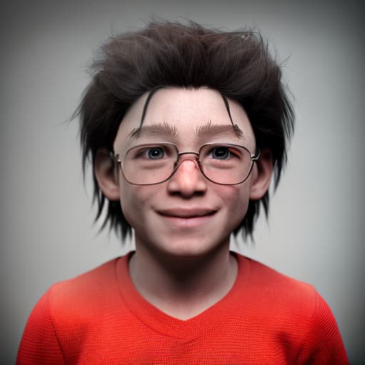 redshift style a child have a bad hair and his face is sadly and he try to smile but he can't