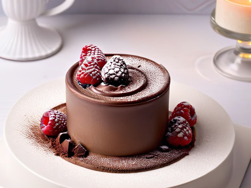  A closeup, ultradetailed image of a decadent French chocolate mousse in a sleek, modern glass dessert cup. The mousse is perfectly smooth and glossy, topped with a delicate dusting of cocoa powder and a single fresh raspberry on top. The background is softly blurred to keep the focus entirely on the luxurious texture and presentation of the dessert. hyperrealistic, full body, detailed clothing, highly detailed, cinematic lighting, stunningly beautiful, intricate, sharp focus, f/1. 8, 85mm, (centered image composition), (professionally color graded), ((bright soft diffused light)), volumetric fog, trending on instagram, trending on tumblr, HDR 4K, 8K