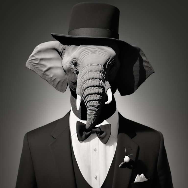 portrait+ style An elephant wearing a tuxedo, surreal, by René Magritte