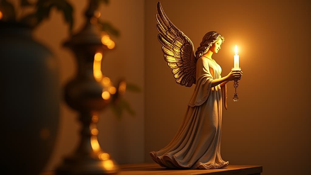  good quality, high quality, a golden angel holding a candle, standing on a mantel with warm natural lighting. focus on the angelas detailed features. no people