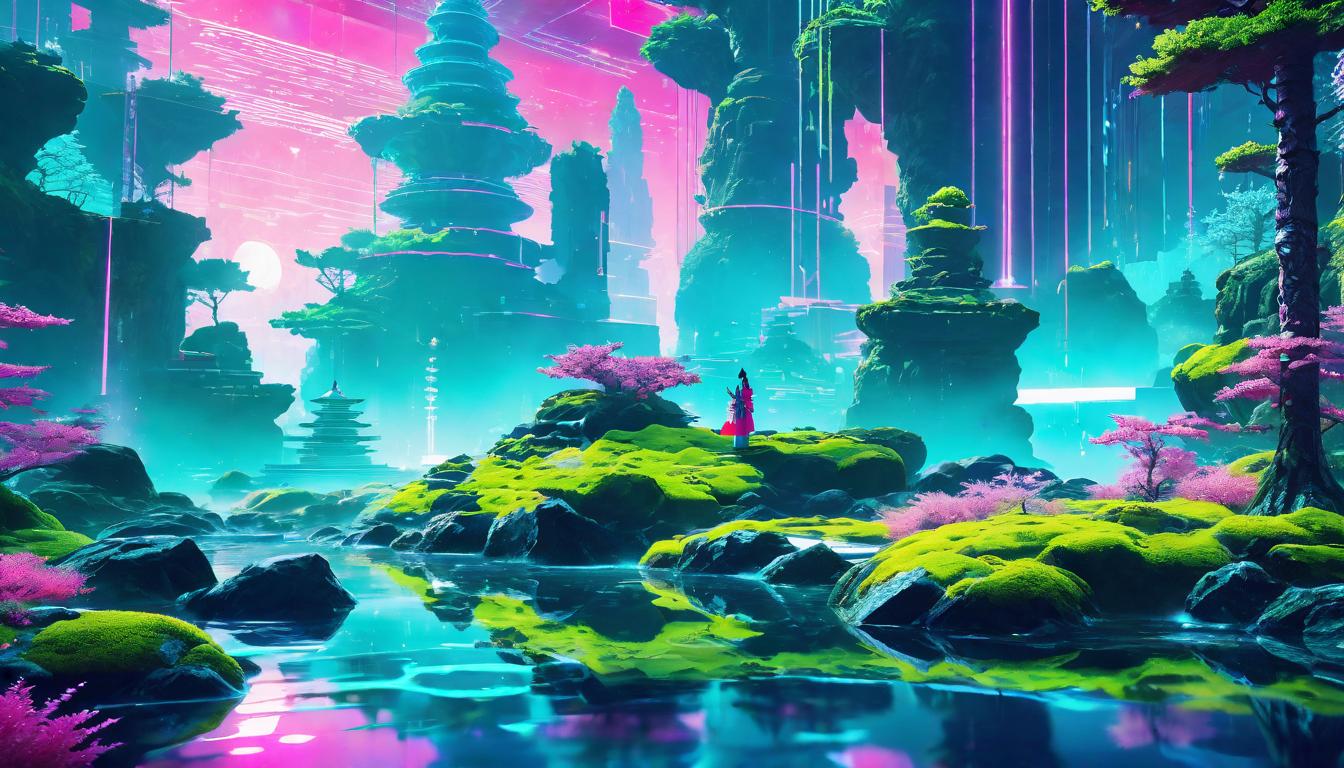  vaporwave,cyberpunk game style A cascade of water gently flowing over moss covered rocks, reflecting the subtle light of dawn, embedded in the water’s reflection, ghostly figures of ancient healers, legacy revealed, spiritual rebirth, serene connectioneon, dystopian, futuristic, digital, vibrant, detailed, high contrast, reminiscent of cyberpunk genre video games,retro aesthetic, cyberpunk, vibrant, neon colors, vintage 80s and 90s style, highly detailed