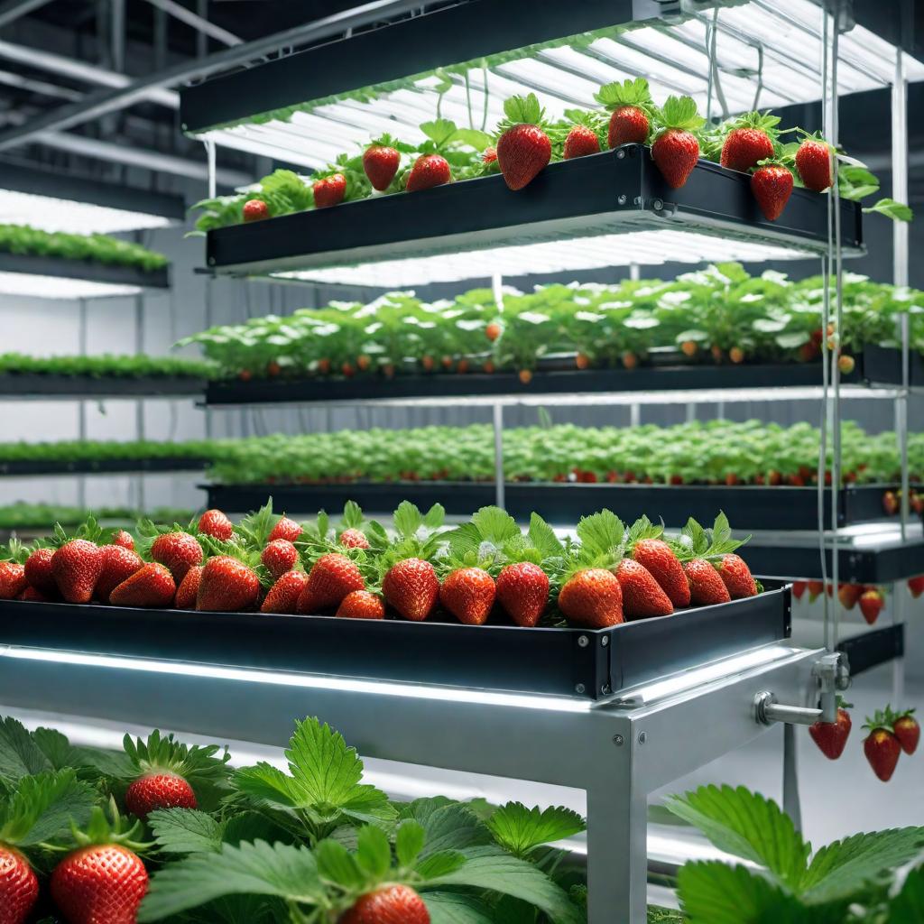  Generate an image depicting a vertical hydroponic strawberry farm to showcase the cultivation method. hyperrealistic, full body, detailed clothing, highly detailed, cinematic lighting, stunningly beautiful, intricate, sharp focus, f/1. 8, 85mm, (centered image composition), (professionally color graded), ((bright soft diffused light)), volumetric fog, trending on instagram, trending on tumblr, HDR 4K, 8K