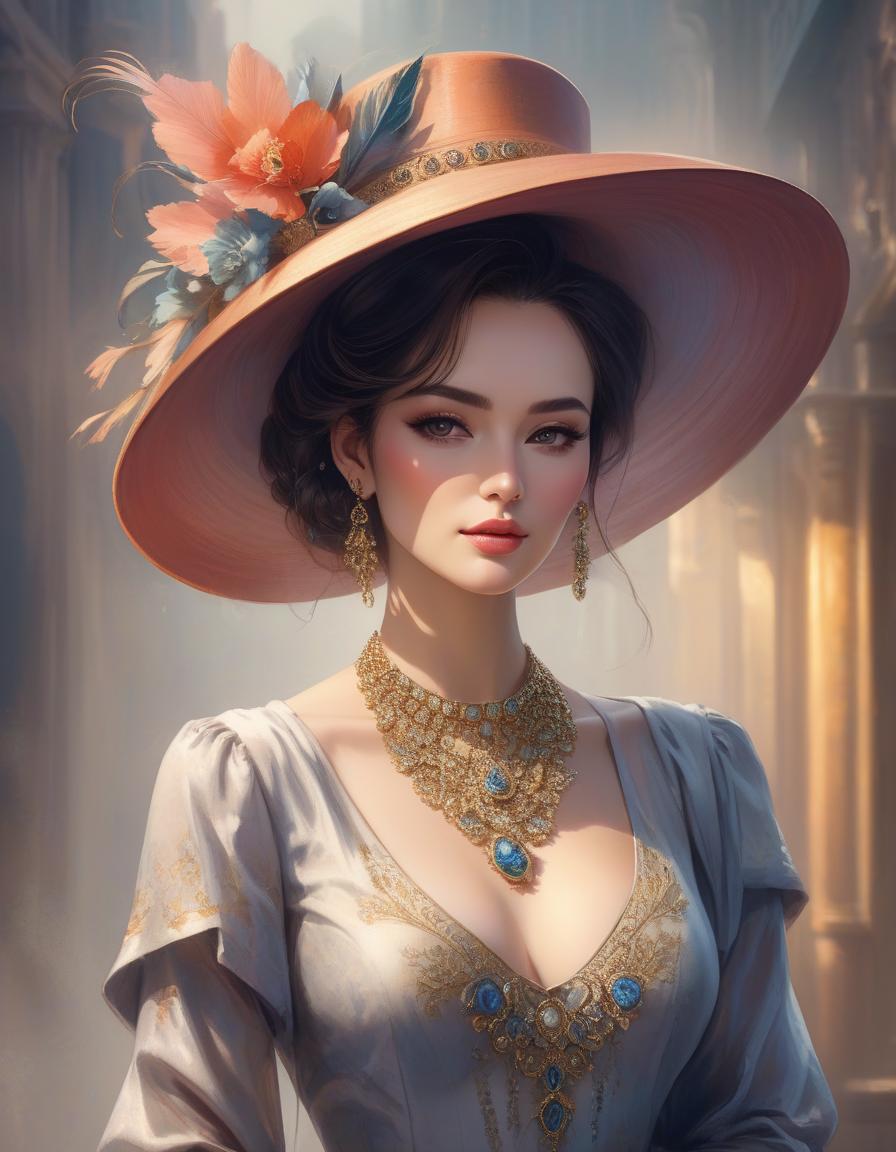  concept art painting of a woman wearing a hat with a necklace, exquisite digital illustration, elegante pintura digital, linda pintura de persona gem, beautiful digital illustration, estilo de pintura digital, linda pintura digital, linda arte digital, no estilo aquarela, pintura linda, no art style by bowater, a beautiful art illustration, no estilo de aquarela digital, with ink blots and paint running down the screen . digital artwork, illustrative, painterly, matte painting, highly detailed hyperrealistic, full body, detailed clothing, highly detailed, cinematic lighting, stunningly beautiful, intricate, sharp focus, f/1. 8, 85mm, (centered image composition), (professionally color graded), ((bright soft diffused light)), volumetric fog, trending on instagram, trending on tumblr, HDR 4K, 8K