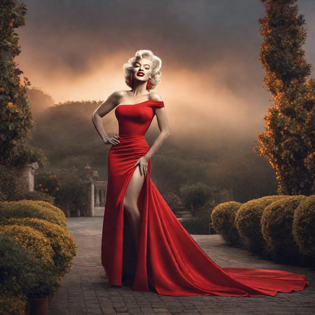  Marilyn Monroe, full length, in a red dress hyperrealistic, full body, detailed clothing, highly detailed, cinematic lighting, stunningly beautiful, intricate, sharp focus, f/1. 8, 85mm, (centered image composition), (professionally color graded), ((bright soft diffused light)), volumetric fog, trending on instagram, trending on tumblr, HDR 4K, 8K