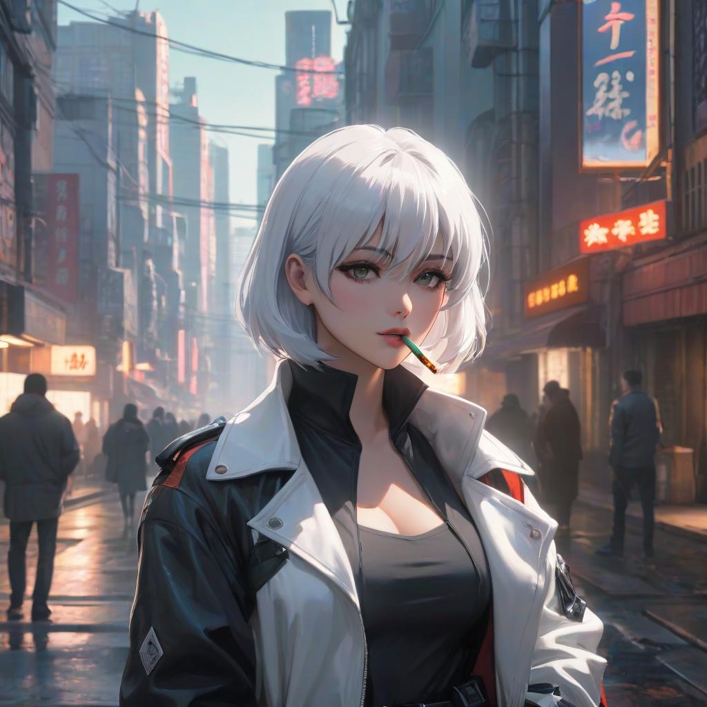  a woman smoking a cigarette on a city street, cyberpunk art, author Tetsugoro Yerozu, an anime frame, an ideal white haired girl, a Japanese woman in the retro style of the 90s, with short hair, full length hyperrealistic, full body, detailed clothing, highly detailed, cinematic lighting, stunningly beautiful, intricate, sharp focus, f/1. 8, 85mm, (centered image composition), (professionally color graded), ((bright soft diffused light)), volumetric fog, trending on instagram, trending on tumblr, HDR 4K, 8K