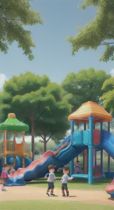  {Children playing in a sunny park with swings and slides., Same group of happy children, now wearing casual play clothes.