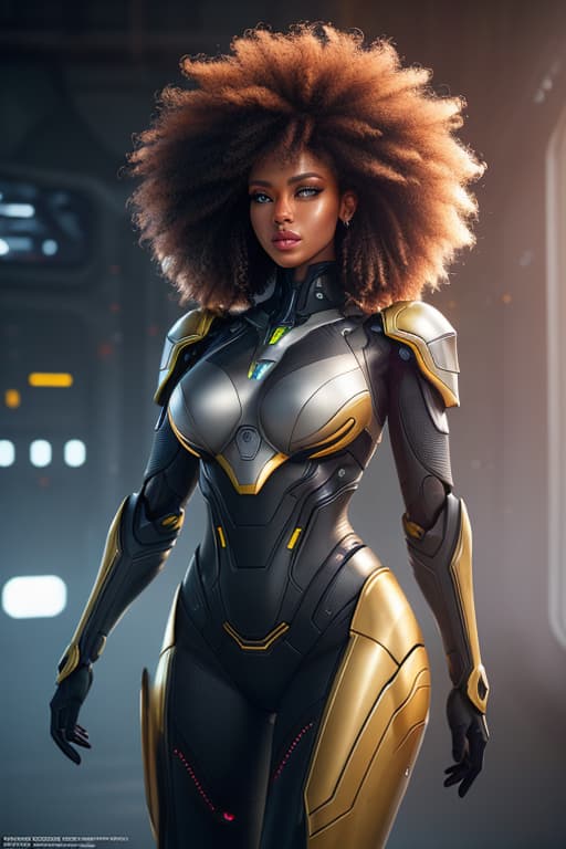  cgmech, beautiful eyes, upper body,, portrait, robot, armor, black women, african massai, neon light, 8K, RAW, best quality, masterpiece, ultra high res, colorful, (medium wide shot), (dynamic perspective), sharp focus , (depth of field, bokeh:1.3), extremely detailed eyes and face, beautiful detailed eyes,small breasts,(black gold, trimmed gear:1.2),(In a futuristic weapons factory:1.2), ((masterpiece, best quality)), <lora:more details:0.3> Detailed background, spaceship interior <lora:Niji:0.5> , afro hair, hyperrealistic, full body, detailed clothing, highly detailed, cinematic lighting, stunningly beautiful, intricate, sharp focus, f/1. 8, 85mm, (centered image composition), (professionally color graded), ((bright soft diffused light)), volumetric fog, trending on instagram, trending on tumblr, HDR 4K, 8K
