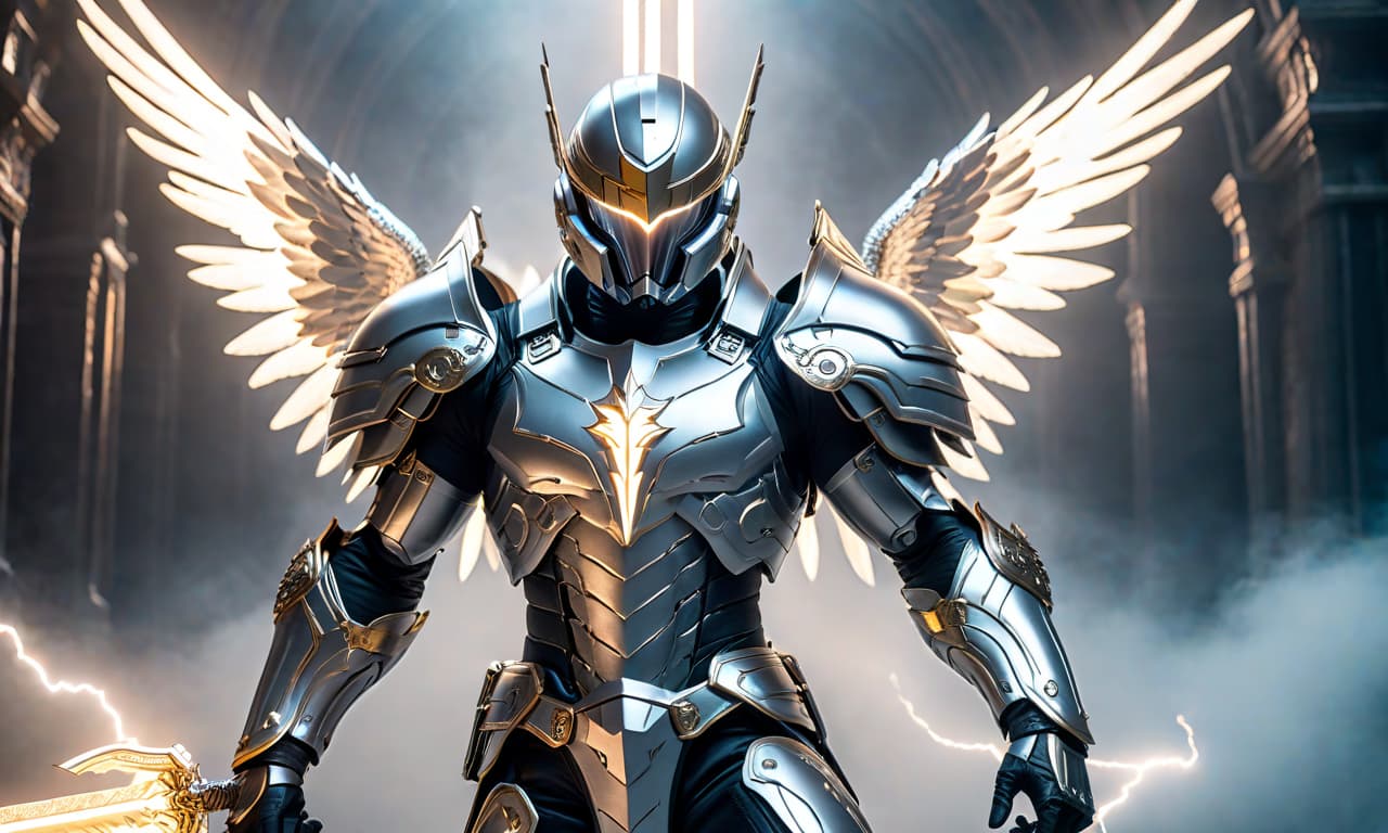  sci fi style A man angel in heavy silver armor with metallic wings between which silver lightning passes, in full height, holding a two handed sword, 4k. . futuristic, technological, alien worlds, space themes, advanced civilizations hyperrealistic, full body, detailed clothing, highly detailed, cinematic lighting, stunningly beautiful, intricate, sharp focus, f/1. 8, 85mm, (centered image composition), (professionally color graded), ((bright soft diffused light)), volumetric fog, trending on instagram, trending on tumblr, HDR 4K, 8K