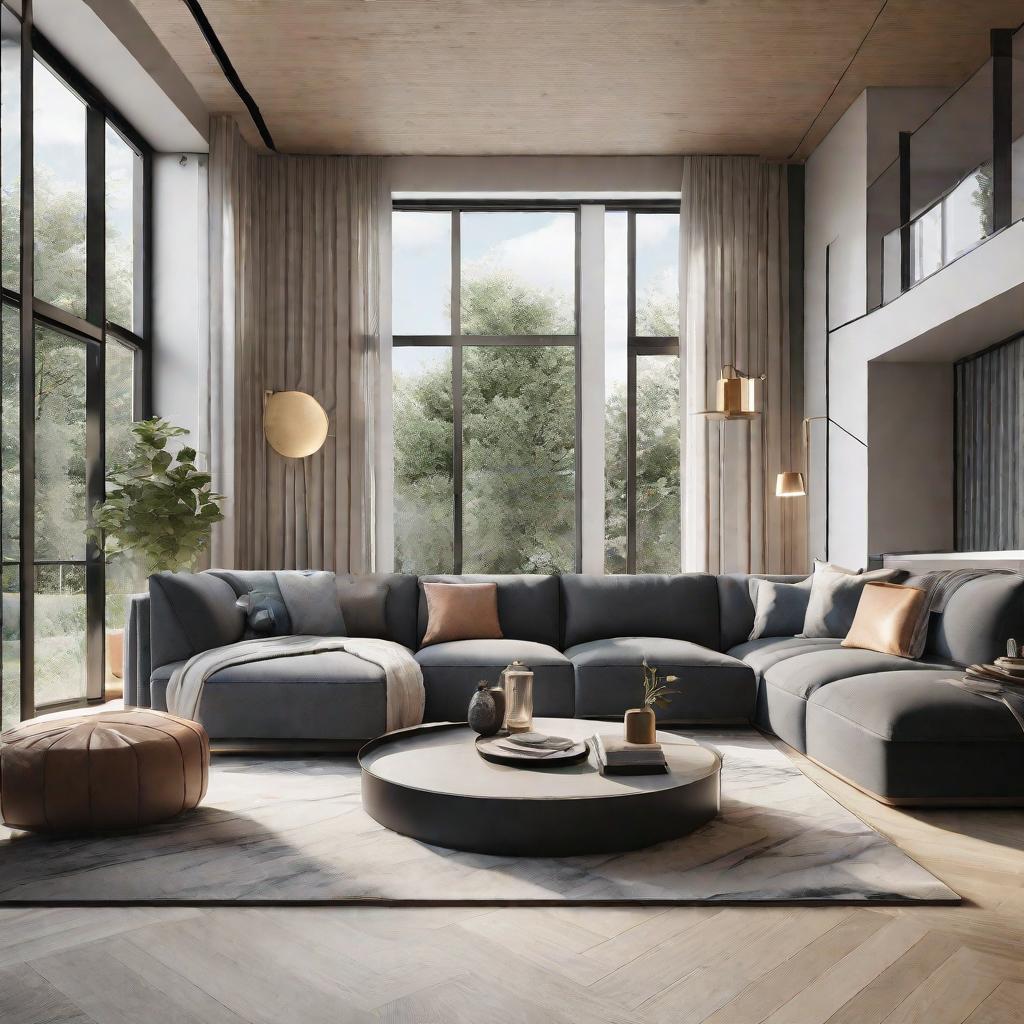  masterpiece, best quality, Best Quality, Masterpiece, 8k resolution,high resolution concept art of an apartment living room with floor to ceiling windows and modern furniture