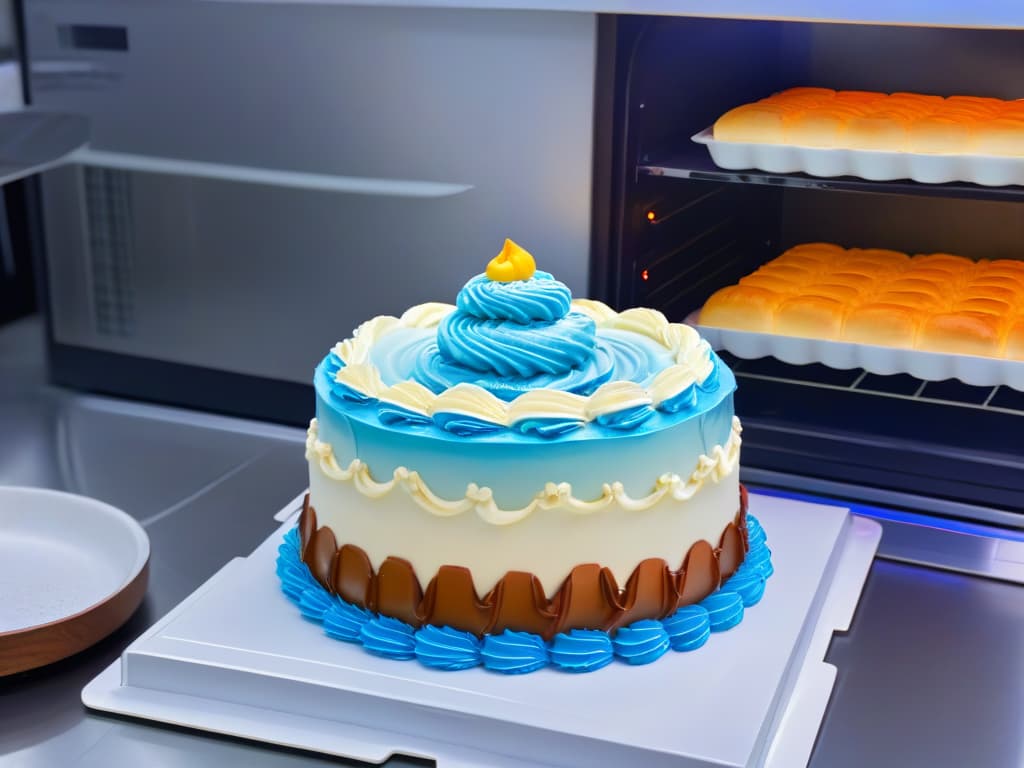  A highresolution, ultradetailed image of a traditional bakery kitchen with modern augmented reality technology seamlessly integrated into the baking process. In the foreground, a skilled pastry chef is delicately piping frosting onto a multitiered cake, while in the background, digital holograms display interactive recipe instructions and ingredient measurements floating in the air. The juxtaposition of oldworld charm and cuttingedge technology is highlighted by the warm glow of the oven and the sleek, futuristic design of the augmented reality interface. hyperrealistic, full body, detailed clothing, highly detailed, cinematic lighting, stunningly beautiful, intricate, sharp focus, f/1. 8, 85mm, (centered image composition), (professionally color graded), ((bright soft diffused light)), volumetric fog, trending on instagram, trending on tumblr, HDR 4K, 8K