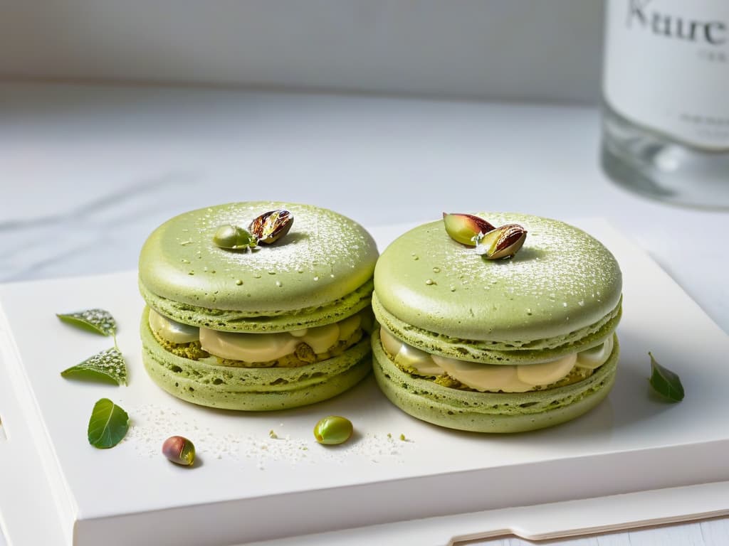  A closeup, ultradetailed image of a decadent pistachio macaron with a perfectly smooth, glossy shell shimmering under soft natural light. The pistachio filling is delicately peeking out from the sides, showcasing finely chopped pistachio pieces, hinting at the rich and nutty flavor inside. The macaron rests on a sleek, modern plate, emphasizing its elegant presentation and inviting the viewer to indulge in the luxurious treat. hyperrealistic, full body, detailed clothing, highly detailed, cinematic lighting, stunningly beautiful, intricate, sharp focus, f/1. 8, 85mm, (centered image composition), (professionally color graded), ((bright soft diffused light)), volumetric fog, trending on instagram, trending on tumblr, HDR 4K, 8K