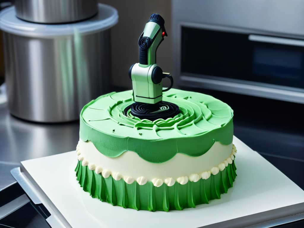  A sleek and modern robotic arm delicately piping intricate designs on a multitiered cake, surrounded by a variety of hightech baking tools and ingredients meticulously organized in a futuristic kitchen setting. hyperrealistic, full body, detailed clothing, highly detailed, cinematic lighting, stunningly beautiful, intricate, sharp focus, f/1. 8, 85mm, (centered image composition), (professionally color graded), ((bright soft diffused light)), volumetric fog, trending on instagram, trending on tumblr, HDR 4K, 8K