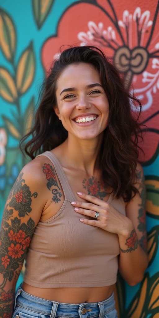  good quality, high quality, a joyful young woman with tattoos smiles brightly in front of a colorful mural featuring floral and abstract designs.