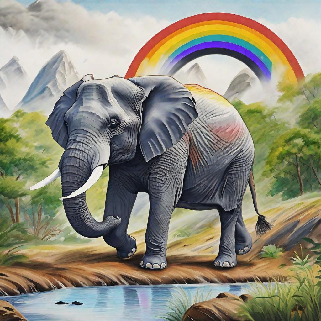  masterpiece, best quality, Draw a rainbow elephant on a landscape of nature