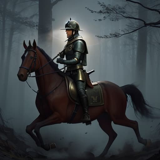  Un soldado con armadura de guerra desgastada dañada sin casco con rostro lastimado montando un caballo de color marrón caminando por un bosque sombrío oscuro ambiente triste y oscuro con cabeza en picada ambiente triste con lluvia llorando Cinematic Quality, High Resolution, Dramatic hyperrealistic, full body, detailed clothing, highly detailed, cinematic lighting, stunningly beautiful, intricate, sharp focus, f/1. 8, 85mm, (centered image composition), (professionally color graded), ((bright soft diffused light)), volumetric fog, trending on instagram, trending on tumblr, HDR 4K, 8K