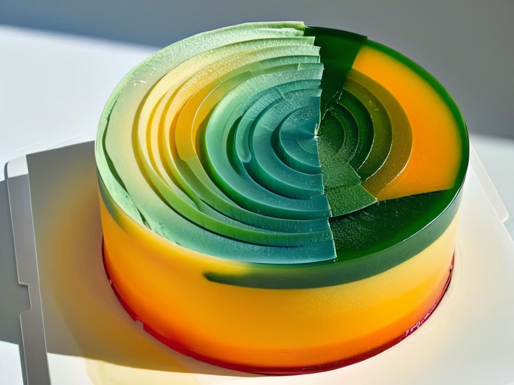  A closeup, ultradetailed image of a delicate, intricately designed gelatin dessert with vibrant layers of different colors and textures, reflecting light to create a mesmerizing visual effect. Each layer is perfectly defined, showcasing the precision and artistry involved in creating innovative pastry designs using gelatin and texture agents. The image exudes a sense of sophistication and creativity, inviting the viewer to explore the future possibilities of pastrymaking with these key ingredients. hyperrealistic, full body, detailed clothing, highly detailed, cinematic lighting, stunningly beautiful, intricate, sharp focus, f/1. 8, 85mm, (centered image composition), (professionally color graded), ((bright soft diffused light)), volumetric fog, trending on instagram, trending on tumblr, HDR 4K, 8K