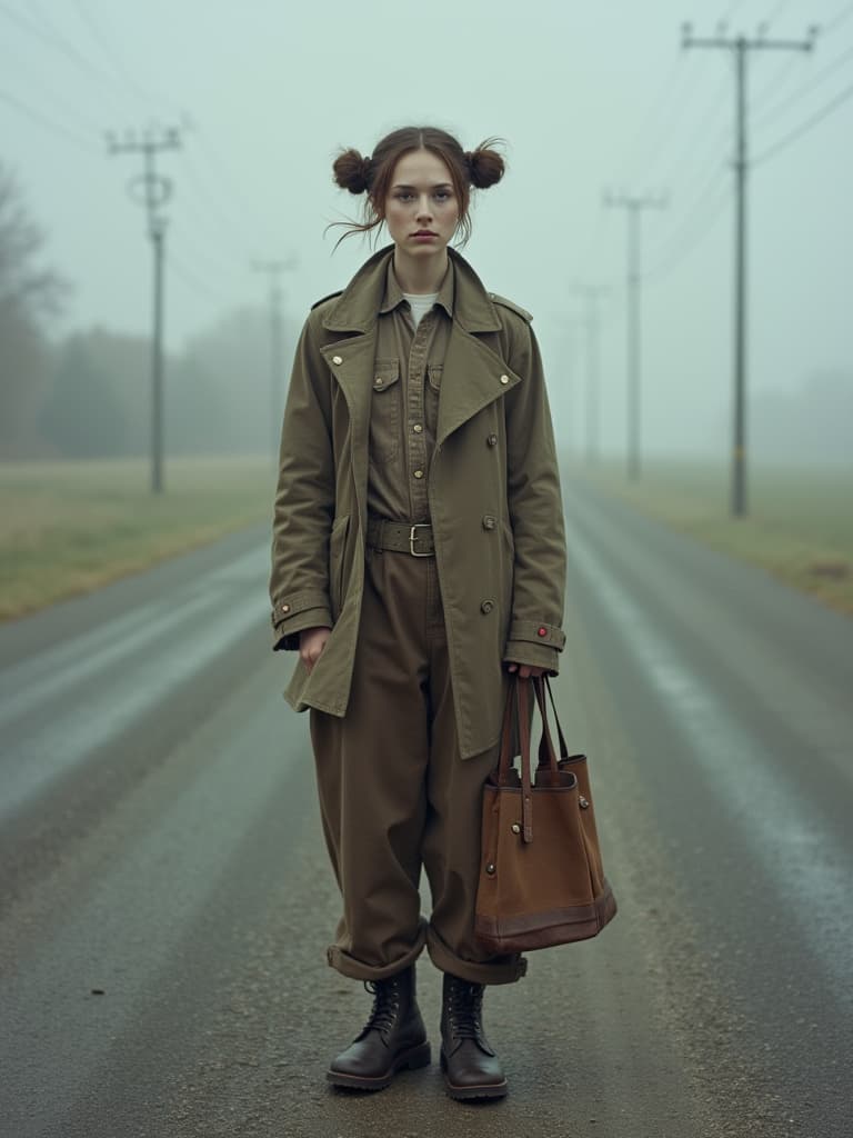  this editorial photograph features a senior non binary individual with brunette hair styled in double buns, captured using a leica sl2 known for its premium build and quality output. the image is shot with a 35mm f1.8 prime lens on cinestill 800t film, creating a distinct film grain under foggy lighting conditions. their bohemian outfit is complemented by combat boots and accessorized with a tote bag, encapsulating a unique blend of style and personality.