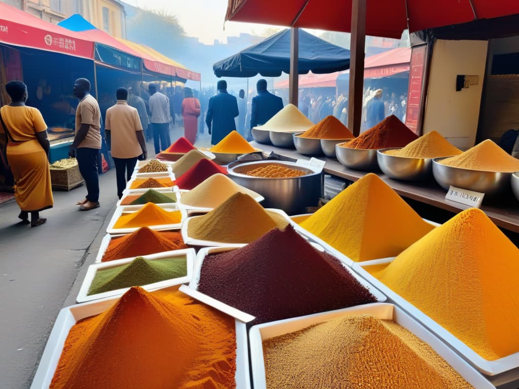  An ultradetailed photorealistic image of a traditional African marketplace bustling with vibrant colors and various stalls showcasing a wide array of exotic spices, nuts, and ingredients commonly used in making halva. The scene captures the essence of the rich cultural heritage and culinary traditions of Africa, with locals in traditional attire engaging in lively conversations and transactions. The warm sunlight filters through the colorful awnings, casting dynamic shadows and highlighting the textures of the ingredients on display, creating a visually stunning and immersive experience for the viewers. hyperrealistic, full body, detailed clothing, highly detailed, cinematic lighting, stunningly beautiful, intricate, sharp focus, f/1. 8, 85mm, (centered image composition), (professionally color graded), ((bright soft diffused light)), volumetric fog, trending on instagram, trending on tumblr, HDR 4K, 8K