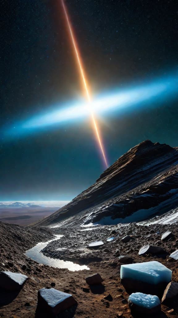  (A colorful comet emitting unusual light, surrounded by the icy debris and objects of the Kuiper belt, with a small probe spacecraft approaching it.) hyperrealistic, full body, detailed clothing, highly detailed, cinematic lighting, stunningly beautiful, intricate, sharp focus, f/1. 8, 85mm, (centered image composition), (professionally color graded), ((bright soft diffused light)), volumetric fog, trending on instagram, trending on tumblr, HDR 4K, 8K